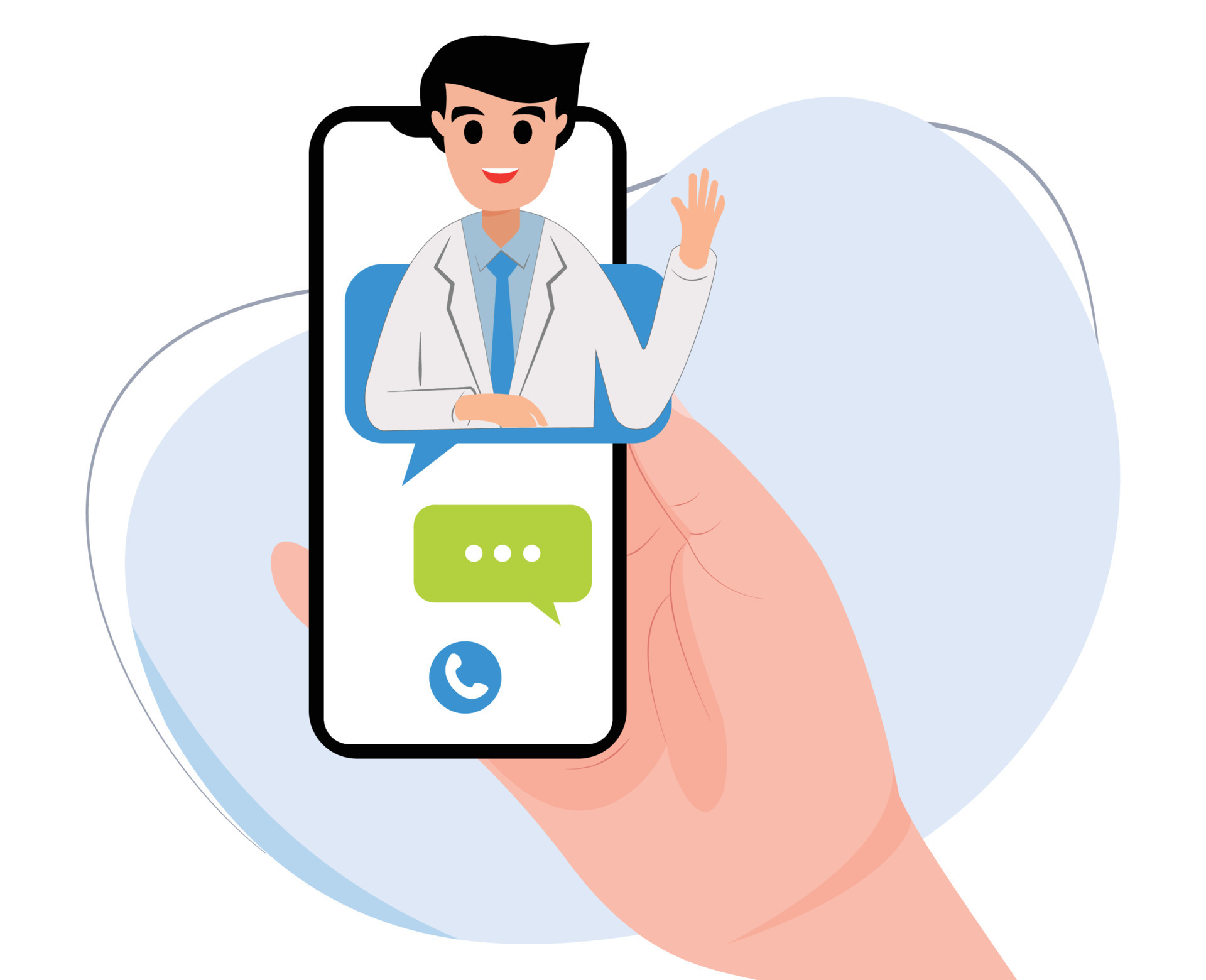 Patient holding a phone showing an online doctor ready to consult